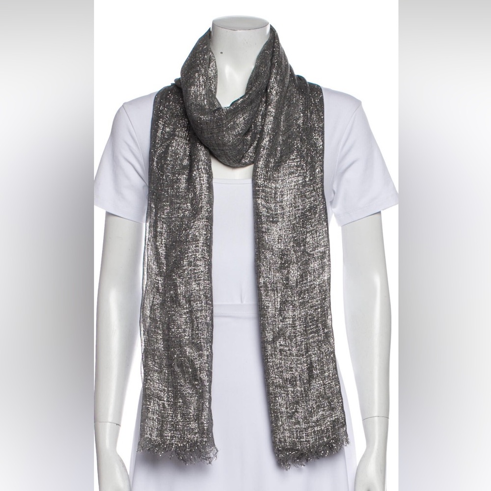 FALIERO SARTI Italy Silver Grey Metallic Scarf Wrap Raw Frayed Edges Long NEW!